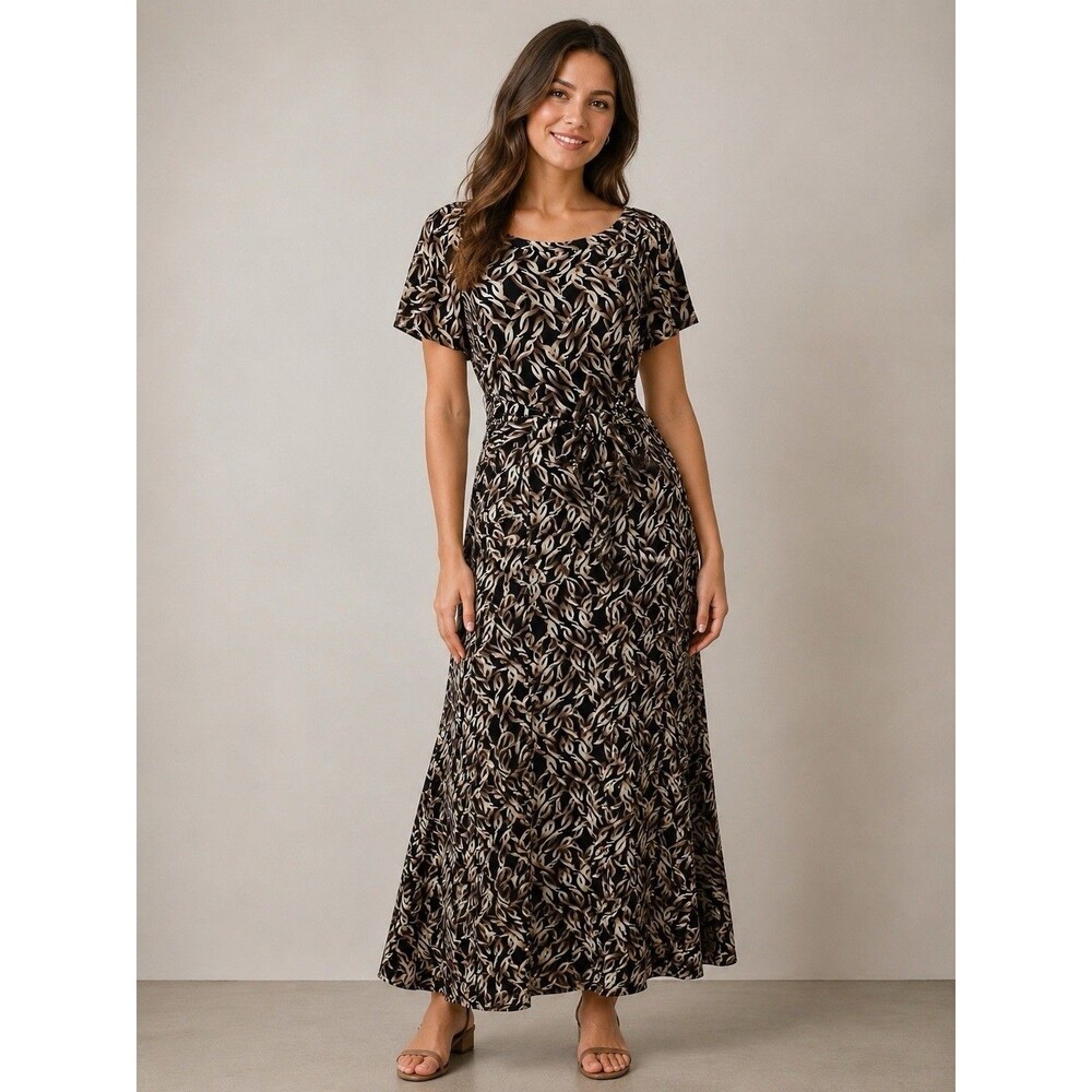 Black Tan Maxi Dress 10 M Wrap Tie Abstract Chic Travel Office Business Resort